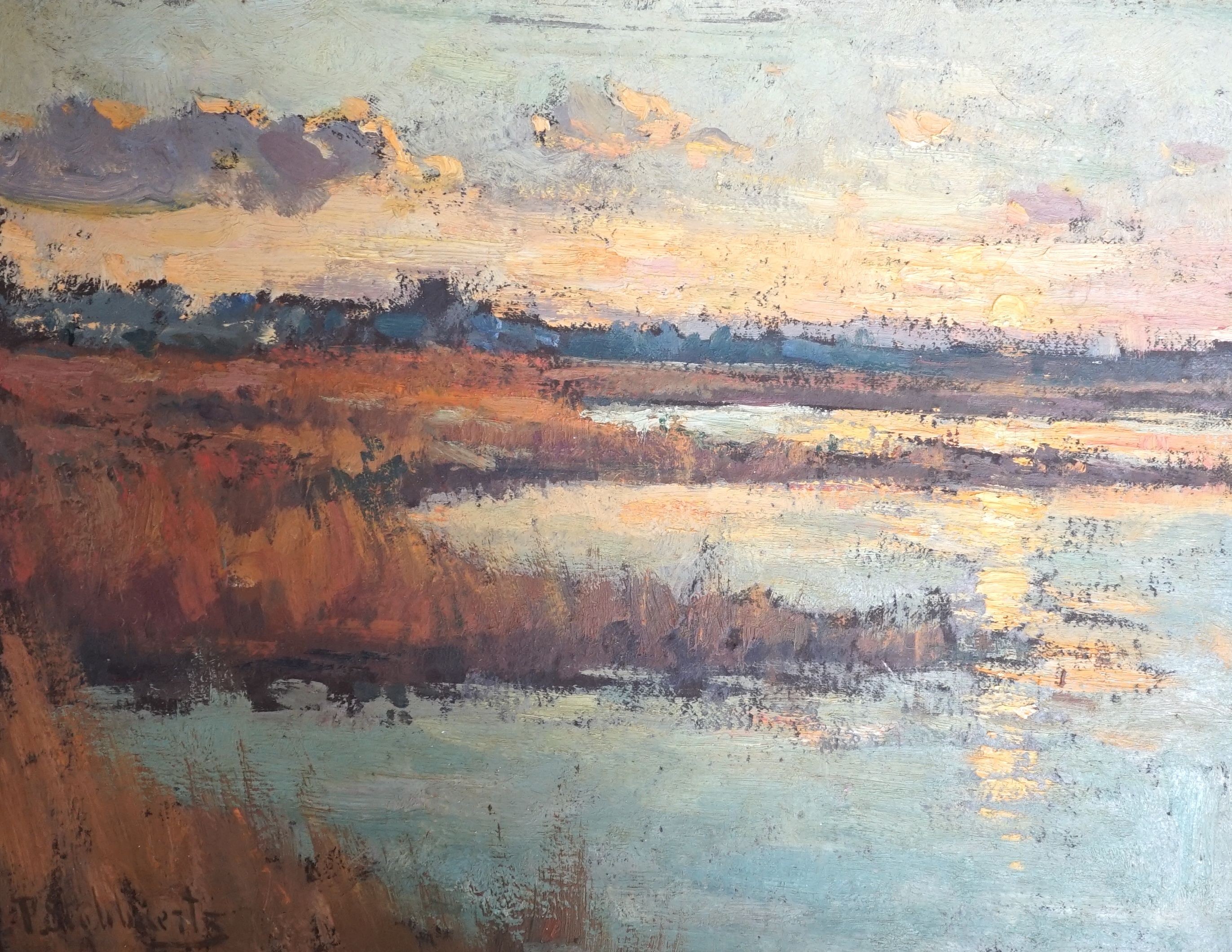 Pieter Stobbaerts, oil on board, Sunset over a lake, signed, 26 x 34cm